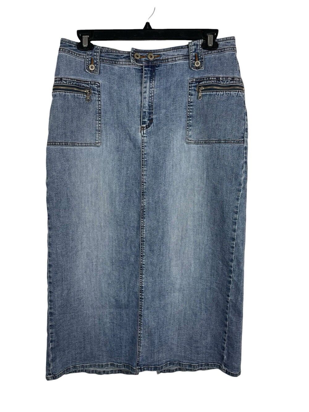 Carolina Blues Denim Jean Skirt 16W Modest Stretch Midi Y2K Utility Zip Pocket